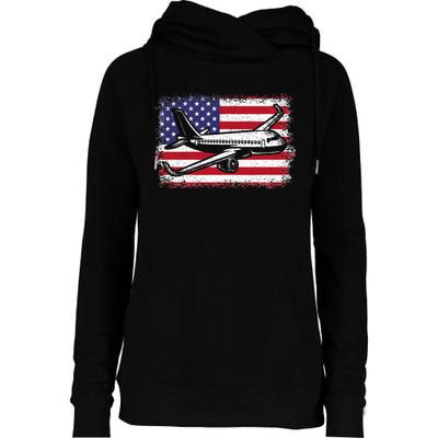 Airplane Us Flag Pilot Aviation Womens Funnel Neck Pullover Hood