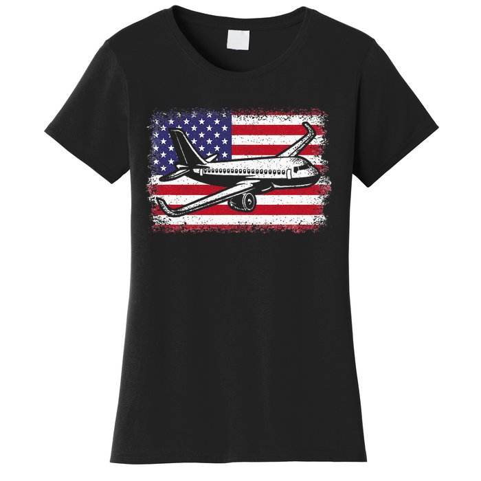 Airplane Us Flag Pilot Aviation Women's T-Shirt