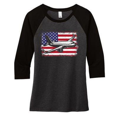 Airplane Us Flag Pilot Aviation Women's Tri-Blend 3/4-Sleeve Raglan Shirt