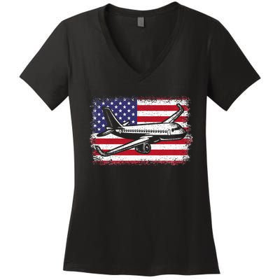 Airplane Us Flag Pilot Aviation Women's V-Neck T-Shirt