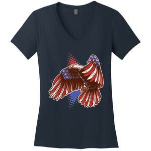 American USA Flag Patriotic Bald Eagle Women's V-Neck T-Shirt