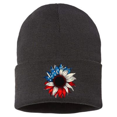 American USA Flag sunflower patriotic 4th of July Sustainable Knit Beanie