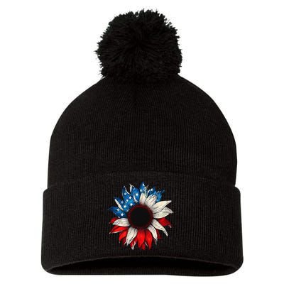 American USA Flag sunflower patriotic 4th of July Pom Pom 12in Knit Beanie