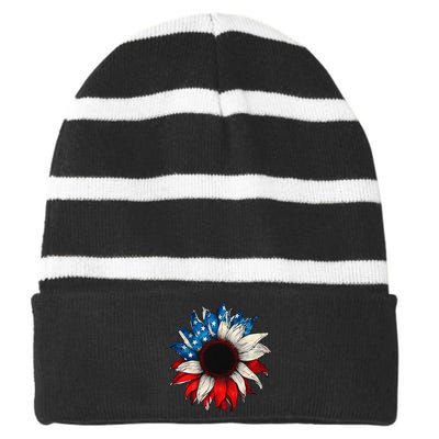 American USA Flag sunflower patriotic 4th of July Striped Beanie with Solid Band