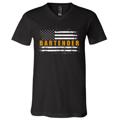 American Usa Flag Bartender Bartending V-Neck T-Shirt