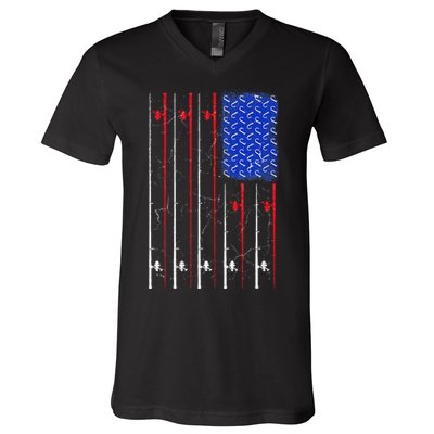 American US Flag Fishing Rod , Fisherman Top For Him V-Neck T-Shirt