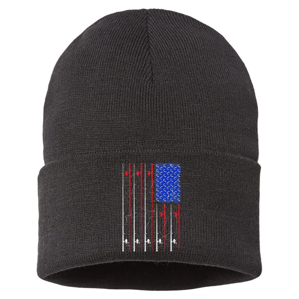 American US Flag Fishing Rod , Fisherman Top For Him Sustainable Knit Beanie