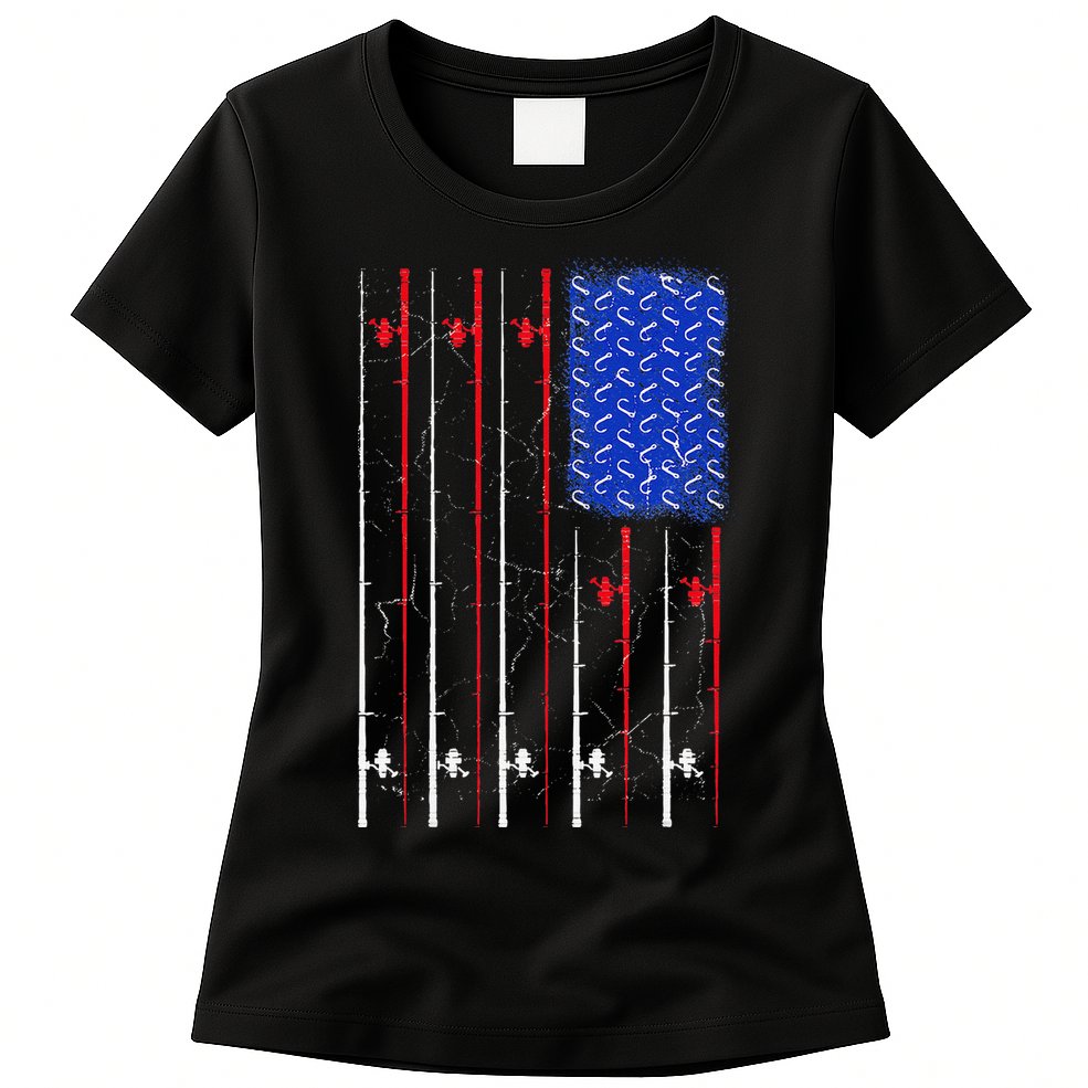American US Flag Fishing Rod , Fisherman Top For Him Womens T-Shirt