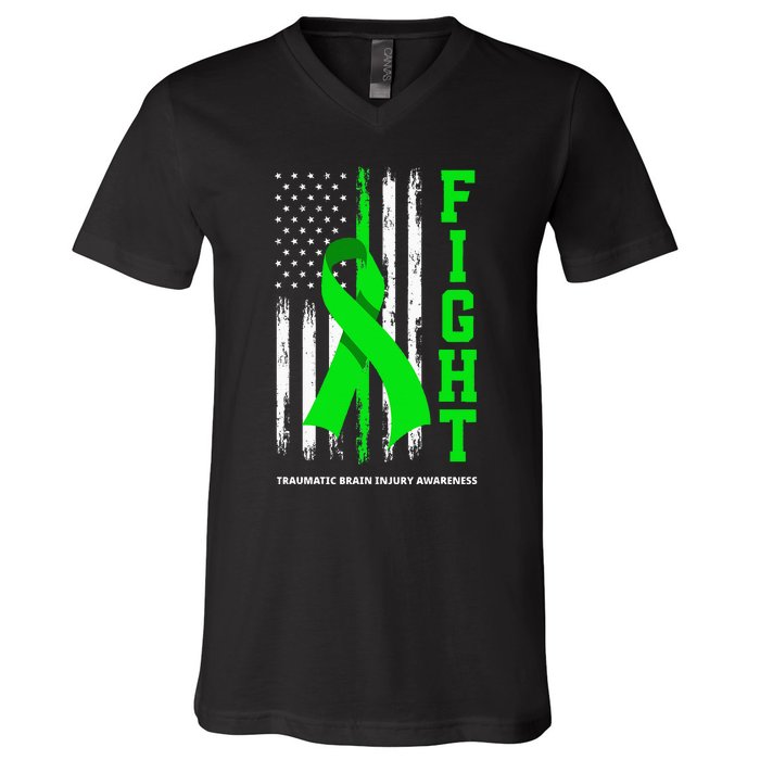 American US Flag Fight Traumatic Brain Injury Awareness V-Neck T-Shirt