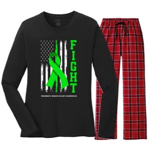 American US Flag Fight Traumatic Brain Injury Awareness Women's Long Sleeve Flannel Pajama Set 