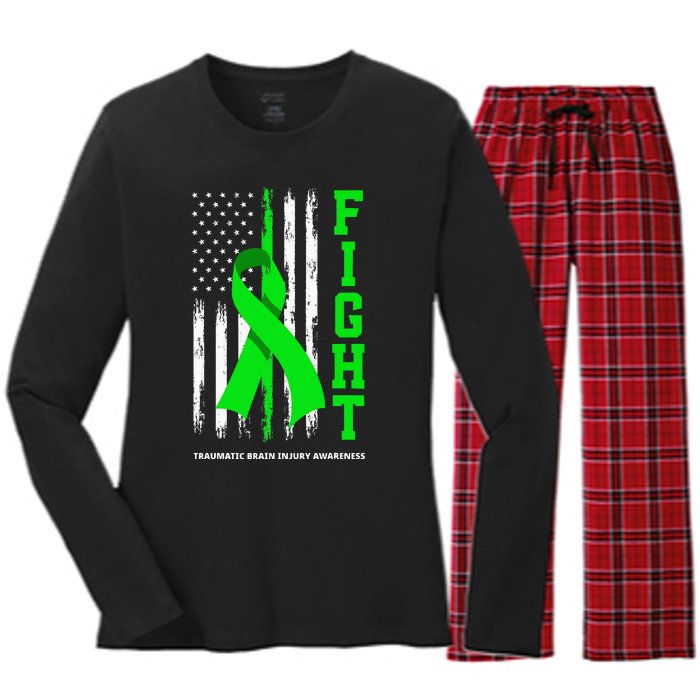 American US Flag Fight Traumatic Brain Injury Awareness Women's Long Sleeve Flannel Pajama Set 