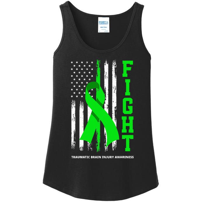 American US Flag Fight Traumatic Brain Injury Awareness Ladies Essential Tank