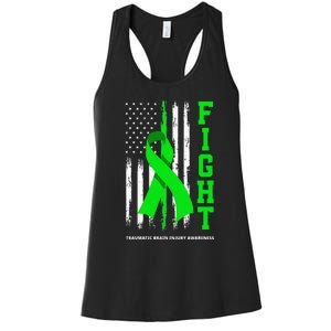 American US Flag Fight Traumatic Brain Injury Awareness Women's Racerback Tank