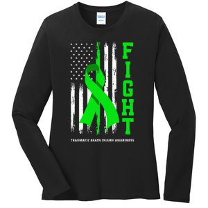 American US Flag Fight Traumatic Brain Injury Awareness Ladies Long Sleeve Shirt