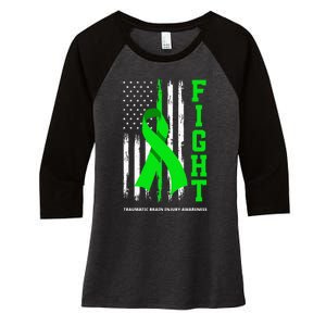 American US Flag Fight Traumatic Brain Injury Awareness Women's Tri-Blend 3/4-Sleeve Raglan Shirt