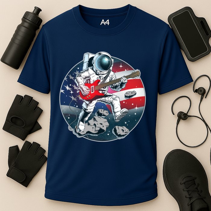 American USA Flag Rocking Space Astronaut Cooling Performance Crew T-Shirt