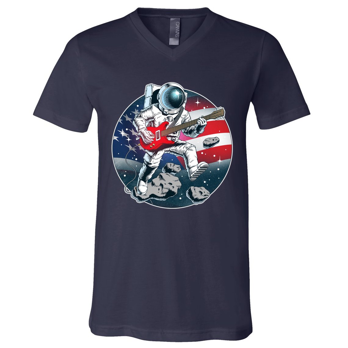 American USA Flag Rocking Space Astronaut V-Neck T-Shirt