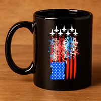 American Usa Flag Fireworks Fighter Jets 11oz C Handle Ceramic Mug
