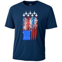 American Usa Flag Fireworks Fighter Jets Cooling Performance Crew T-Shirt