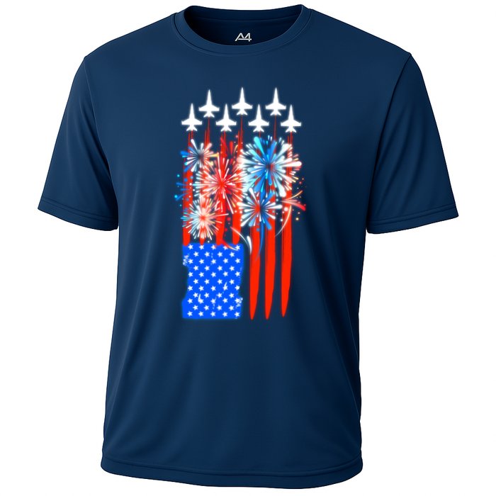 American Usa Flag Fireworks Fighter Jets Cooling Performance Crew T-Shirt