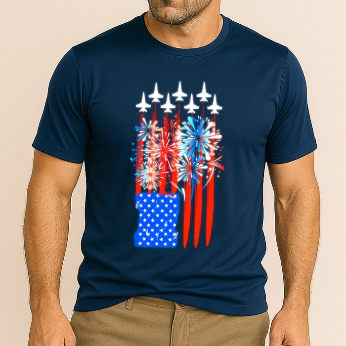 American Usa Flag Fireworks Fighter Jets Cooling Performance Crew T-Shirt