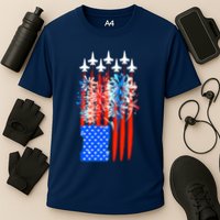 American Usa Flag Fireworks Fighter Jets Cooling Performance Crew T-Shirt