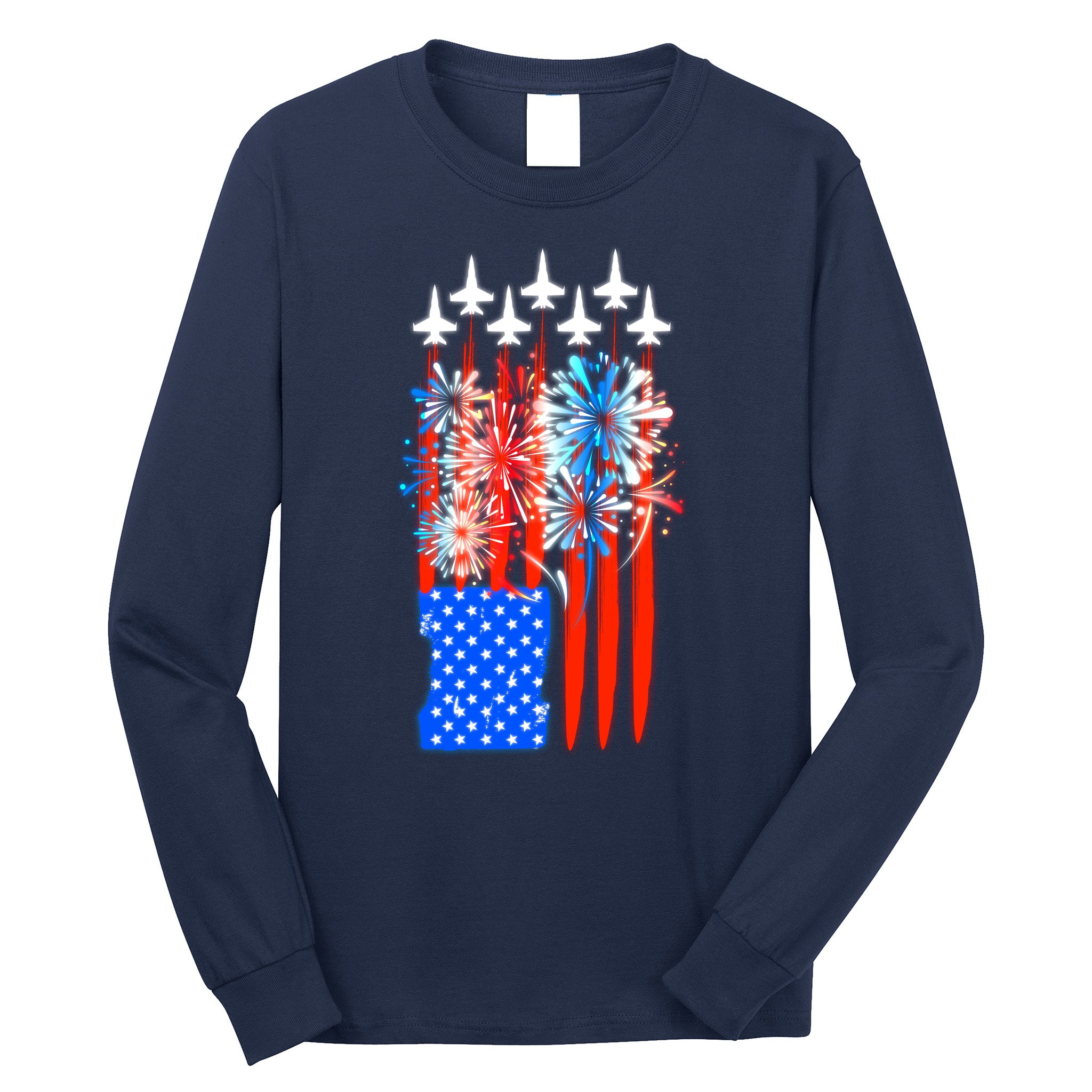 American Usa Flag Fireworks Fighter Jets Long Sleeve Shirt