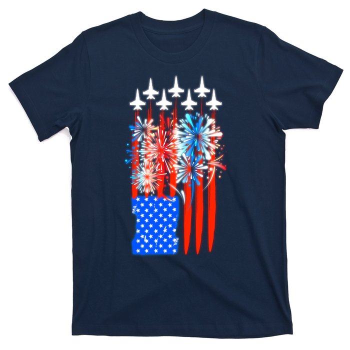 American Usa Flag Fireworks Fighter Jets T-Shirt