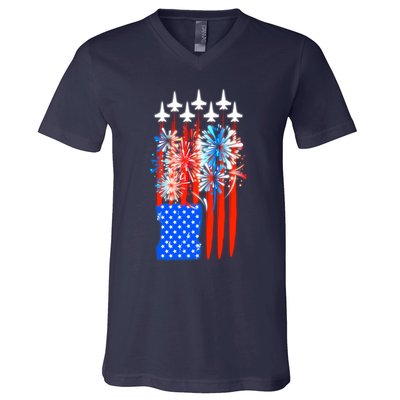 American Usa Flag Fireworks Fighter Jets V-Neck T-Shirt