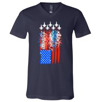 American Usa Flag Fireworks Fighter Jets V-Neck T-Shirt