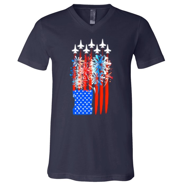 American Usa Flag Fireworks Fighter Jets V-Neck T-Shirt