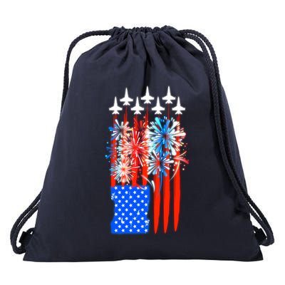 American Usa Flag Fireworks Fighter Jets Drawstring Bag
