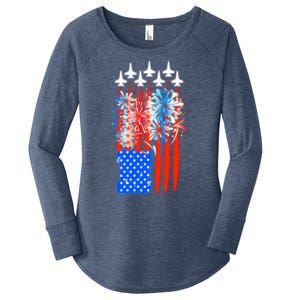 American Usa Flag Fireworks Fighter Jets Women's Perfect Tri Tunic Long Sleeve Shirt