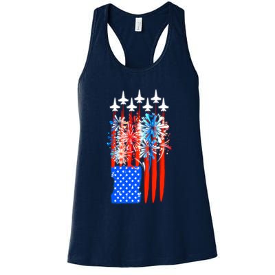 American Usa Flag Fireworks Fighter Jets Womens Tank Top