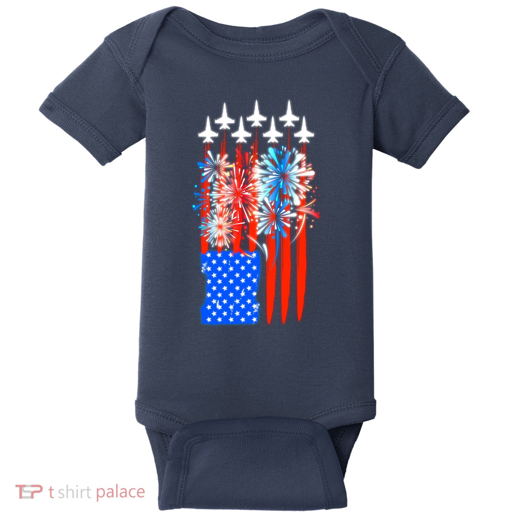 American Usa Flag Fireworks Fighter Jets Baby Bodysuit
