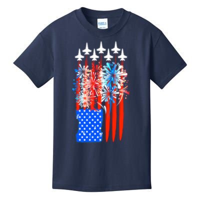 American Usa Flag Fireworks Fighter Jets Kids T-Shirt