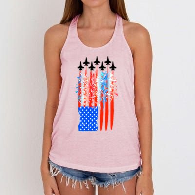 American Usa Flag Fireworks Fighter Jets Women's Knotted Racerback Tank