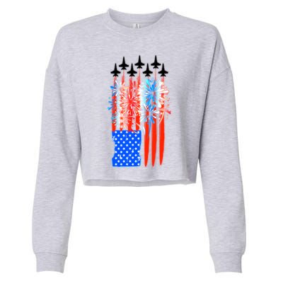 American Usa Flag Fireworks Fighter Jets Cropped Pullover Crew