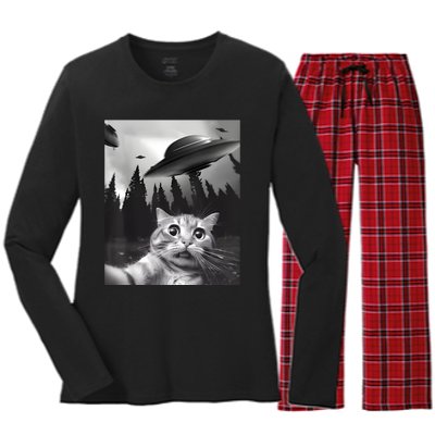 Alien UFO Funny Cat Selfie Women's Long Sleeve Flannel Pajama Set 