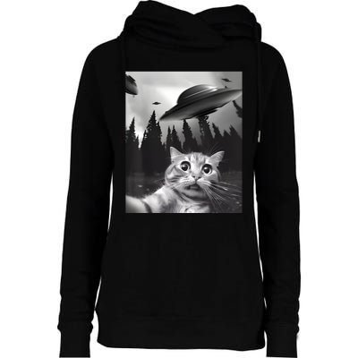 Alien UFO Funny Cat Selfie Womens Funnel Neck Pullover Hood