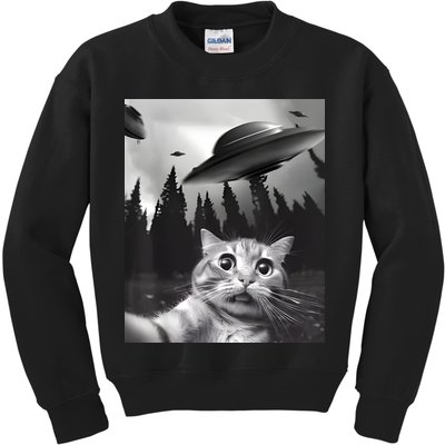 Alien UFO Funny Cat Selfie Kids Sweatshirt