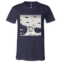 Alien UFO Funny Cat V-Neck T-Shirt