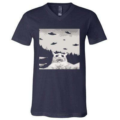 Alien UFO Funny Cat V-Neck T-Shirt