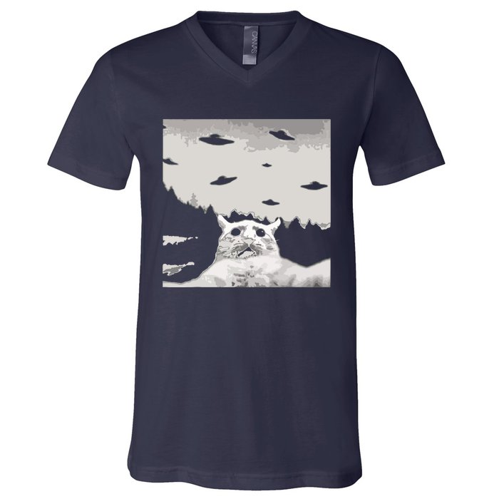 Alien UFO Funny Cat V-Neck T-Shirt