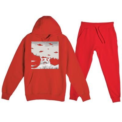 Alien UFO Funny Cat Premium Hooded Sweatsuit Set