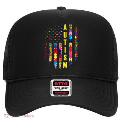 Autism USA Flag Autistic Awareness Pride Month High Crown Mesh Back Trucker Hat
