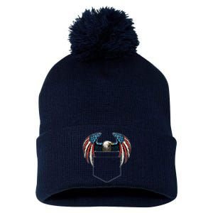 American USA Flag Eagle In Pocket Pom Pom 12in Knit Beanie