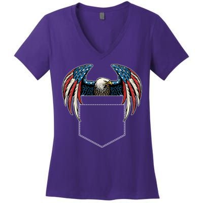 American USA Flag Eagle In Pocket Women's V-Neck T-Shirt