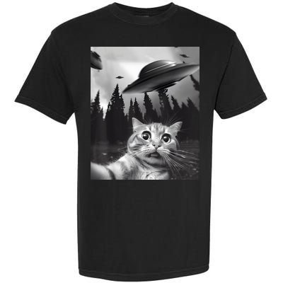 Alien UFO Funny Cat Selfie Garment-Dyed Heavyweight T-Shirt