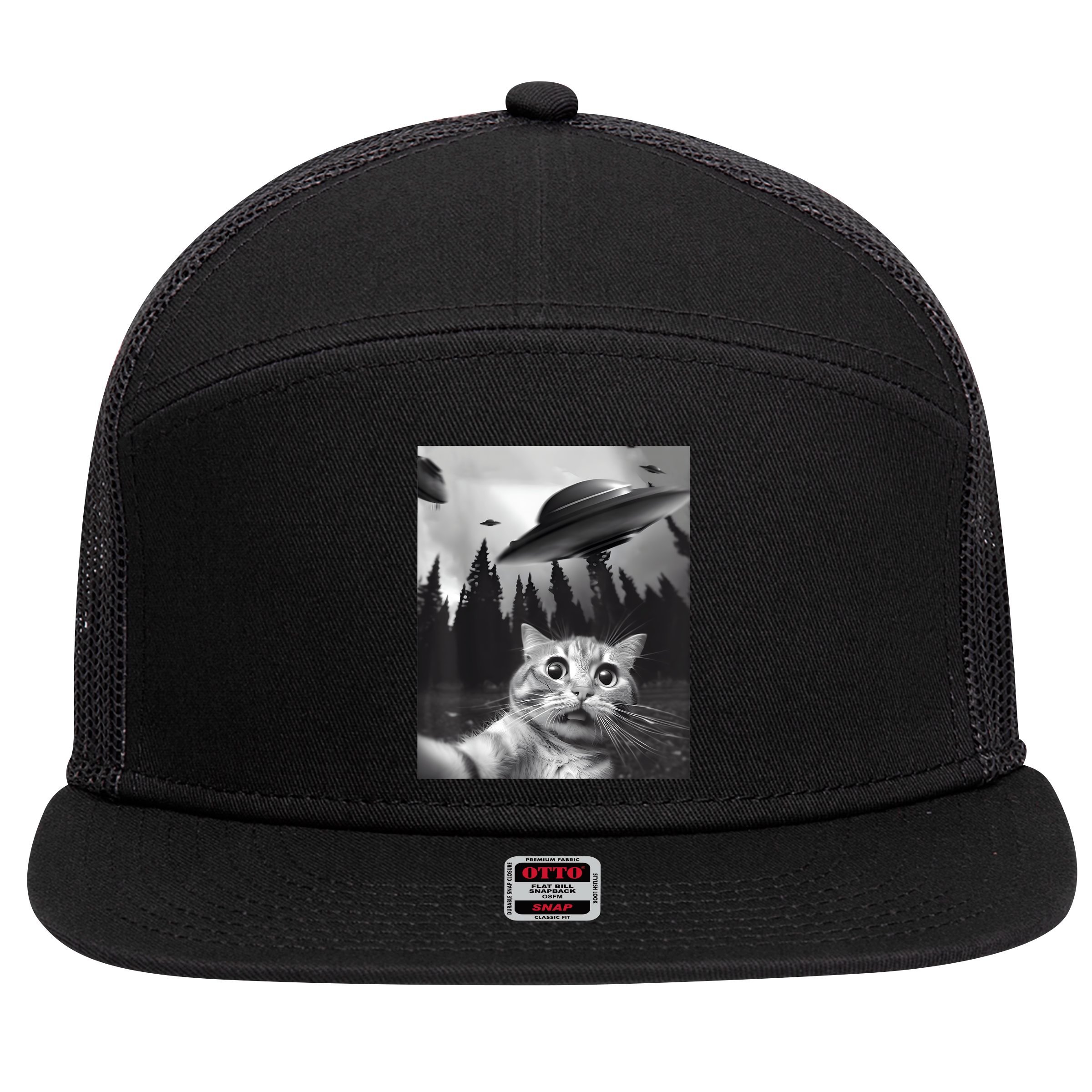 Alien UFO Funny Cat Selfie 7 Panel Mesh Trucker Snapback Hat